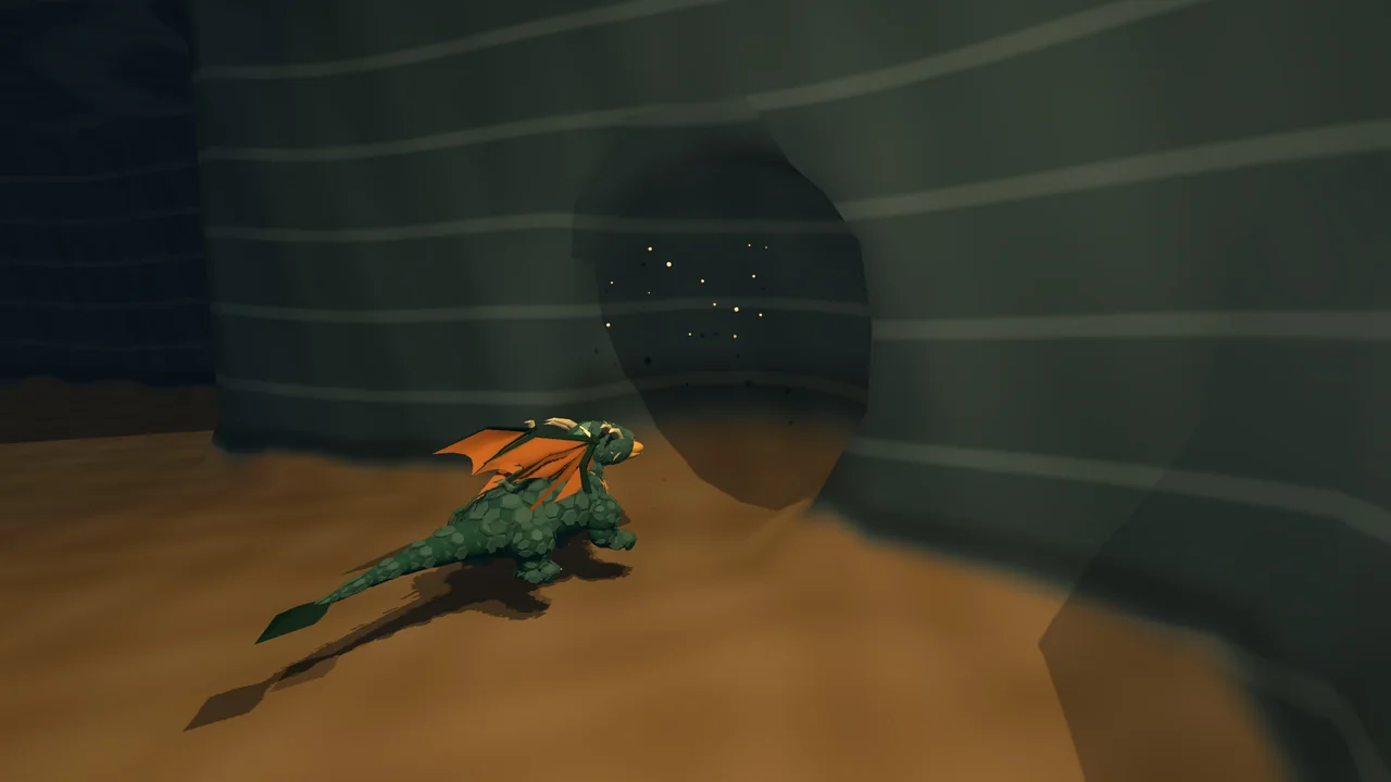 A teal dragon carving a passage through the natural rock of its lair.
