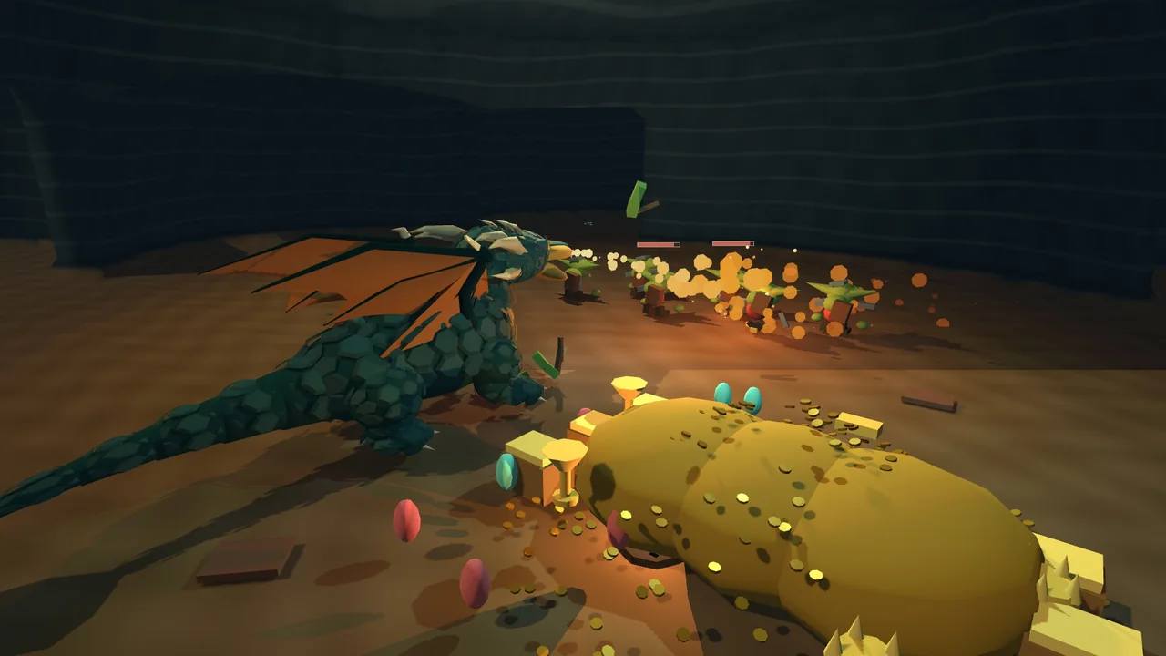 A dragon defending its cave and gold with a bright burst of fire.