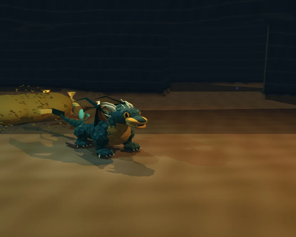 A young teal dragon standing in its warm cavern beside its growing treasure pile.