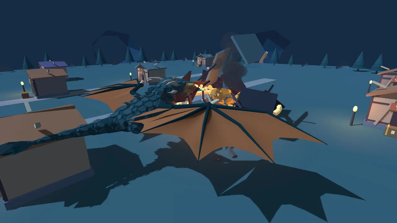 A dragon breathing fire at a defended treasure site beneath a blue night sky.
